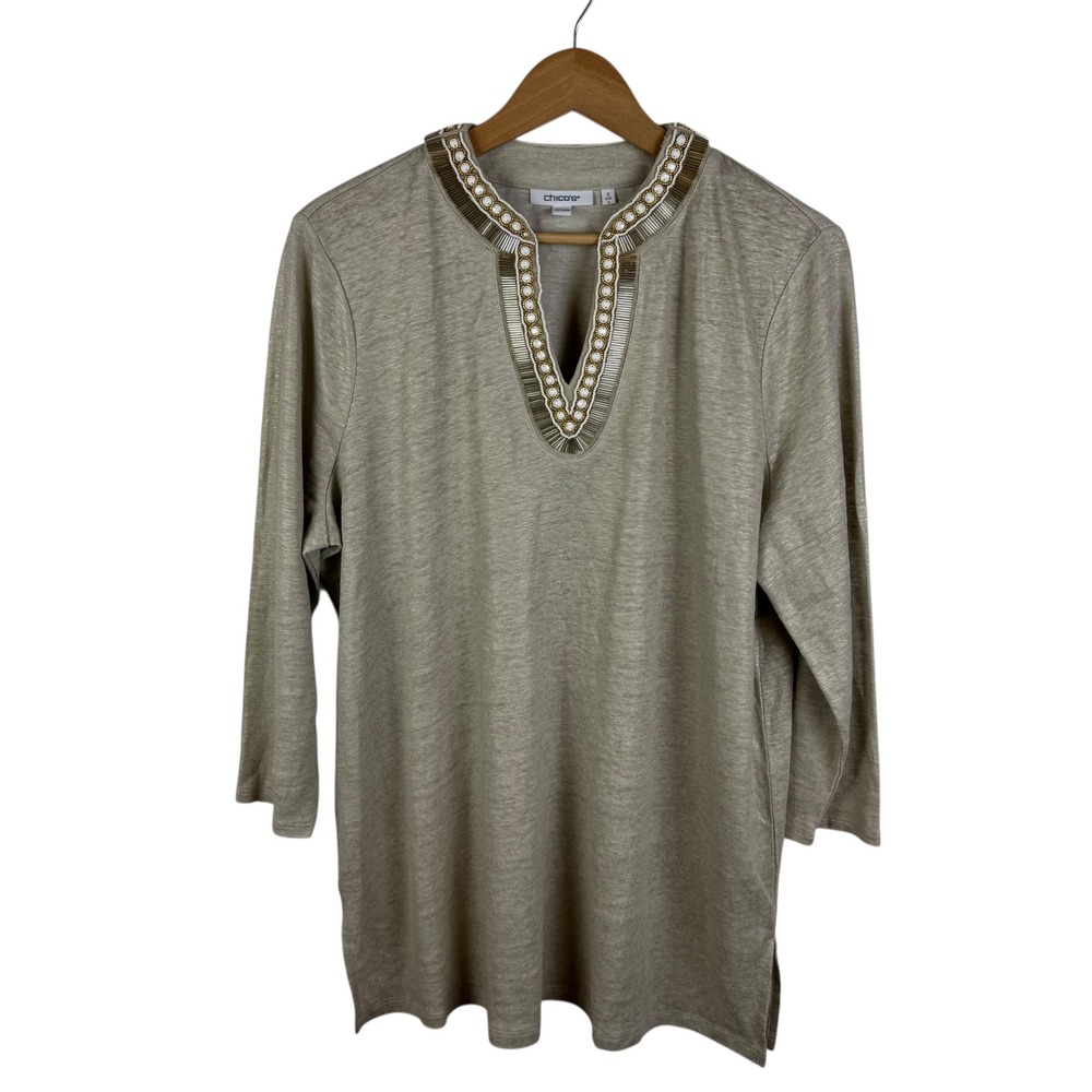 Chico's Size 2 Golden Embellished V-Neck Tunic